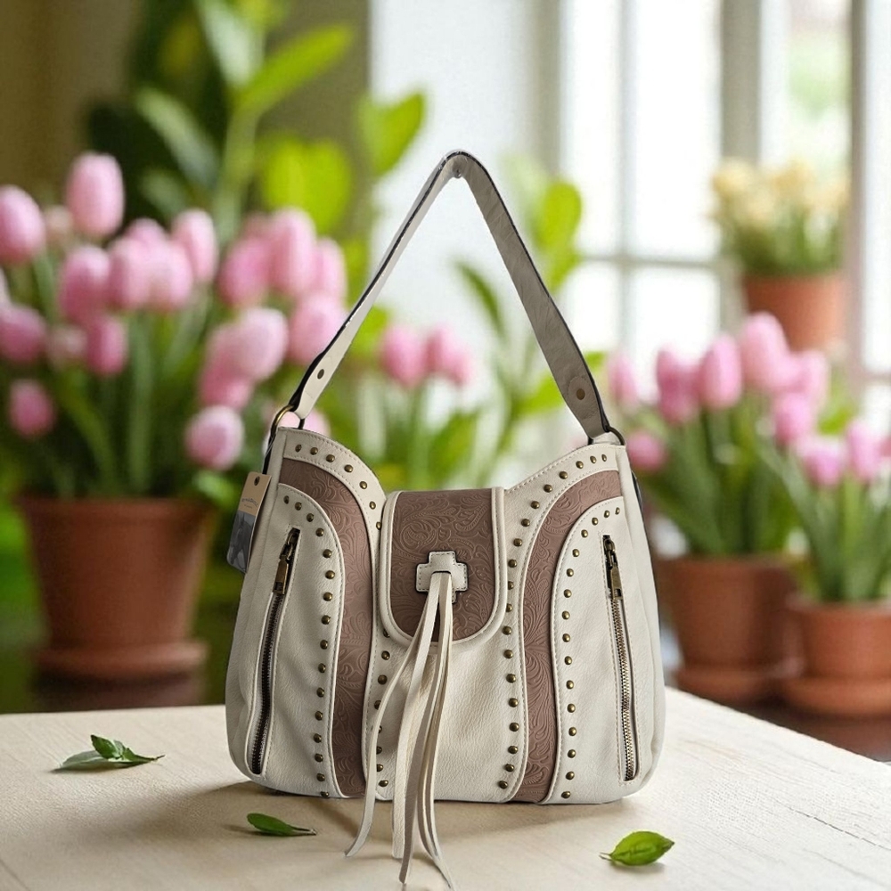 Western‎ Style Embossed Ivory/Tan Shoulder Bag